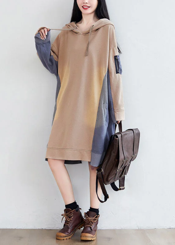 Colorful Summer Dresses Loose Khaki hooded Asymmetrical Pockets Patchwork Sweatshirts dresses Spring