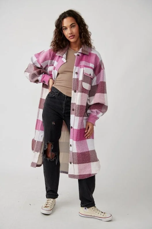 Women's Long Outerwear Coats Free People Plaid Long Ruby Jacket in Wine Combo