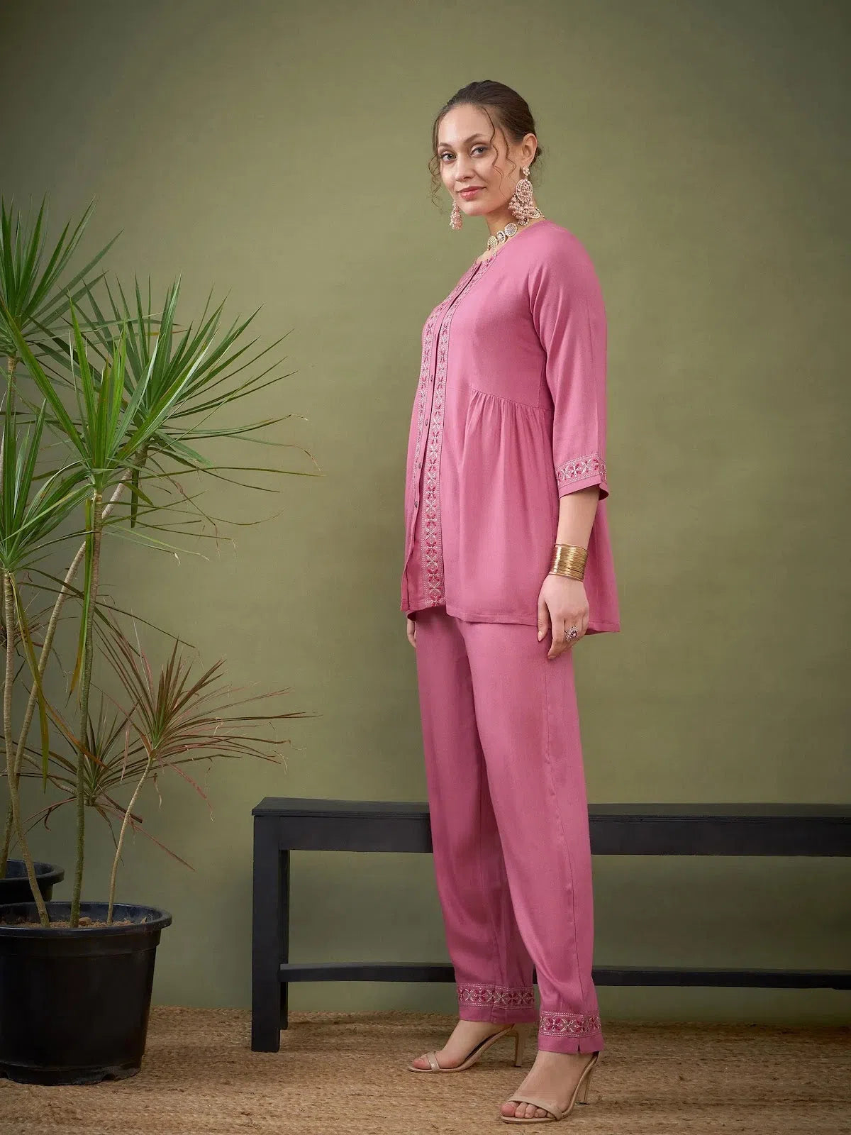 Casual One-Piece Pantsuit Women Pink Front Embroidered Shirt With Palazzos