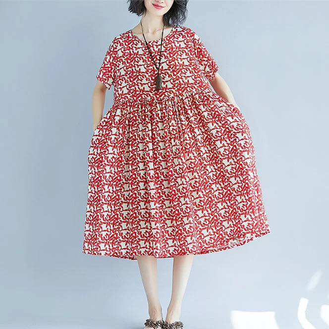 Vintage-Inspired Dresses fashion red linen knee dress oversized casual dress fine short sleeve floral o neck dresses