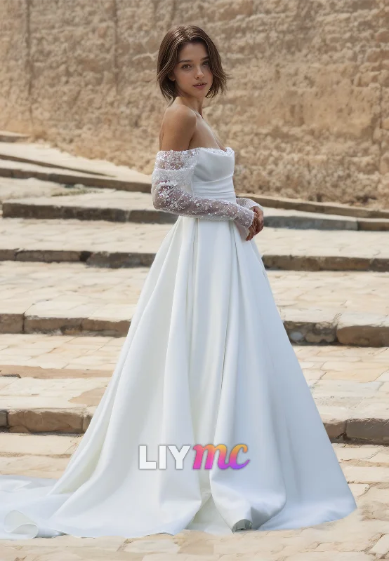 Elevated Party Dresses Strapless Long Sleeves Appliques Pleated Sleek Satin A-Line Wedding Dress