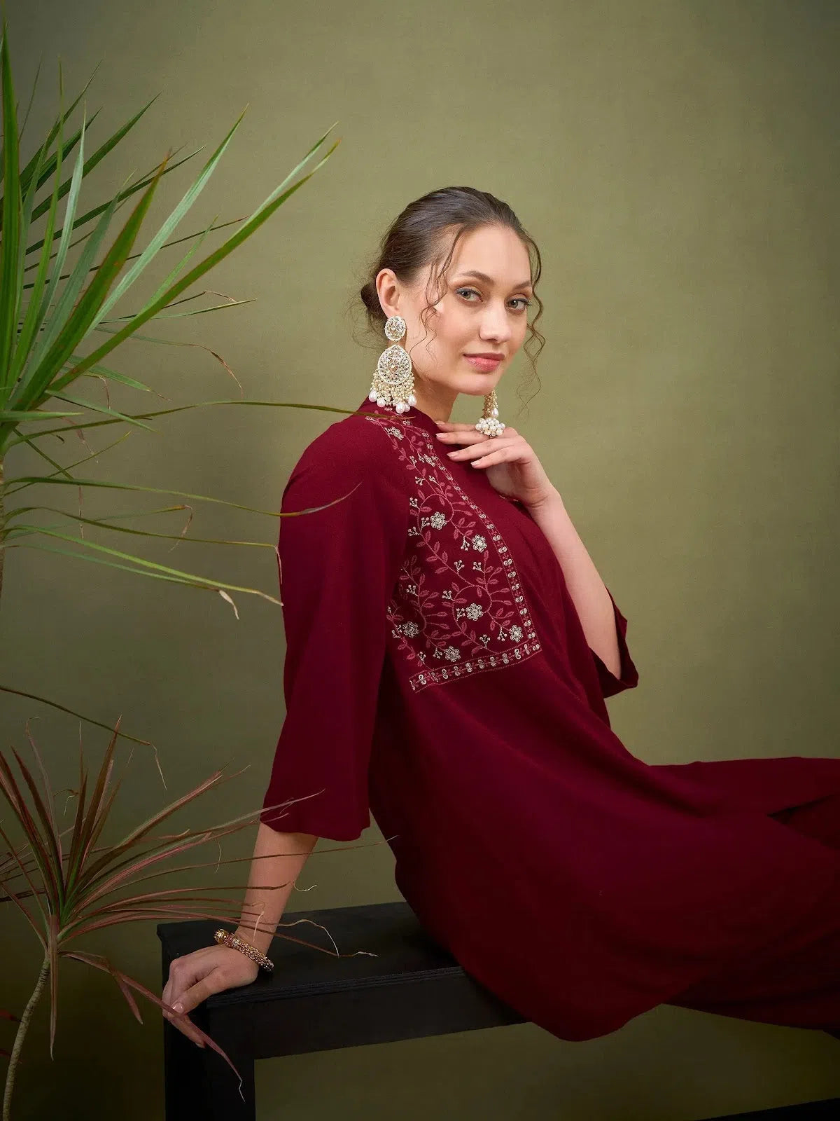 Luxury One-Piece Outfits Women Maroon Yoke Embroidered Shirt With Palazzos