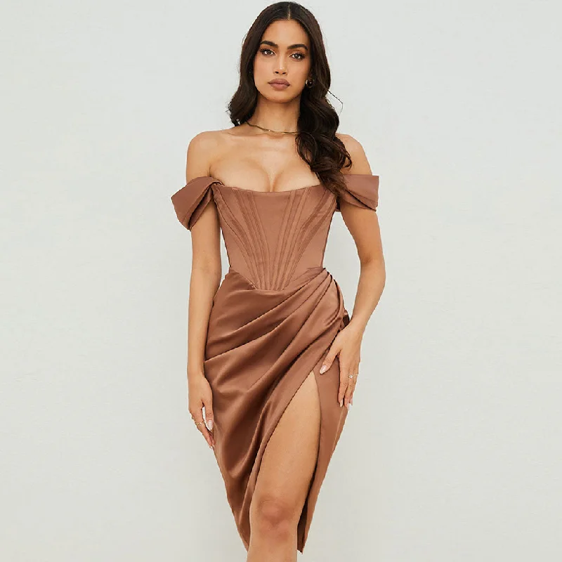 Elegant Evening Gowns Off Shoulder Draped Corset Cocktail Midi Dress - Chocolate