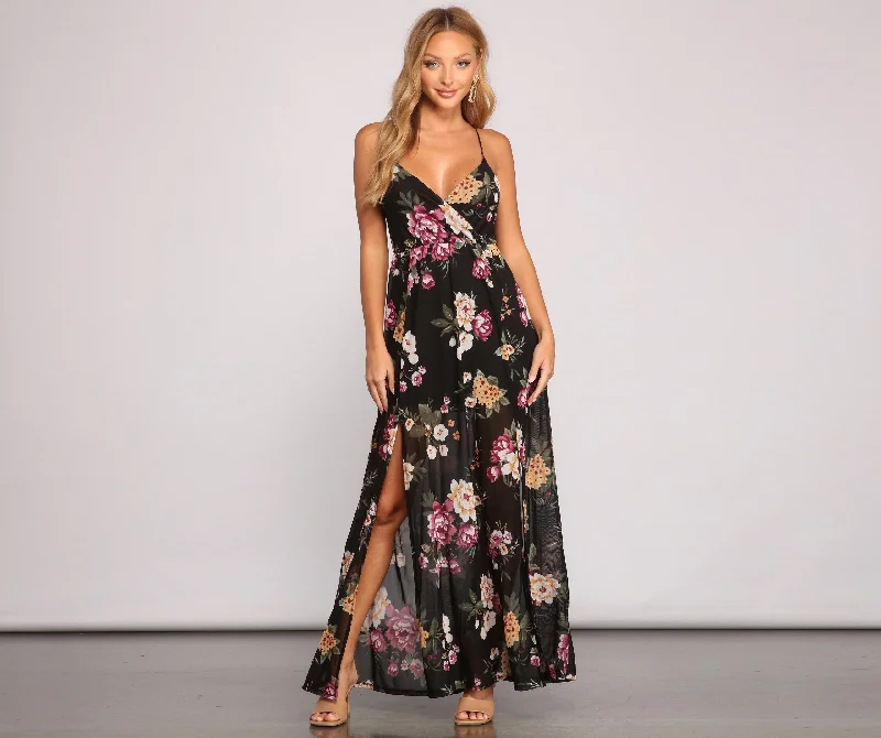 Bold Colored Dresses Pop Of Floral Charming Mesh Maxi Dress