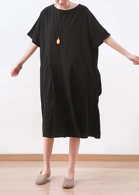 Dressy Evening Dresses Chic black linen clothes Korea Sewing o neck asymmetric baggy Summer Dress