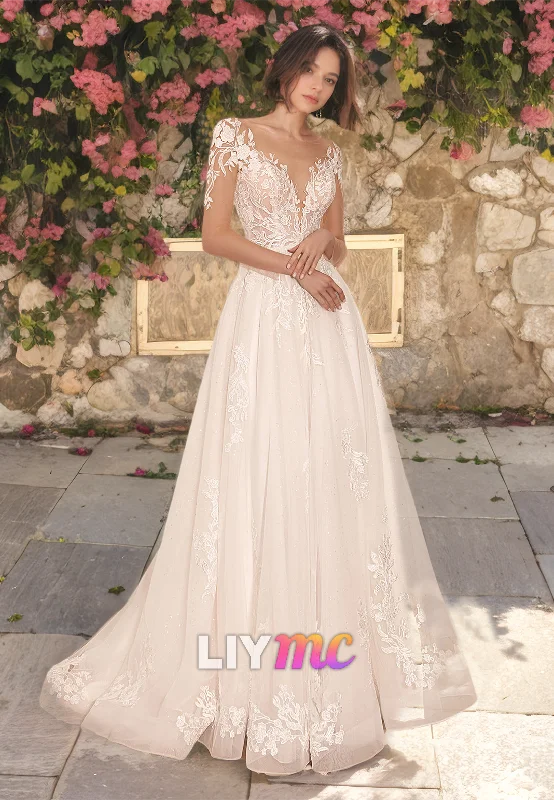 Women's Outdoor Dresses V-Neck Long Sleeves Appliques Tulle A-Line Wedding Dress