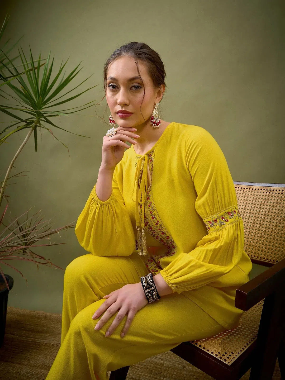 Cozy One-Piece Loungewear Women Yellow Front Embroidered Shirt With Palazzos