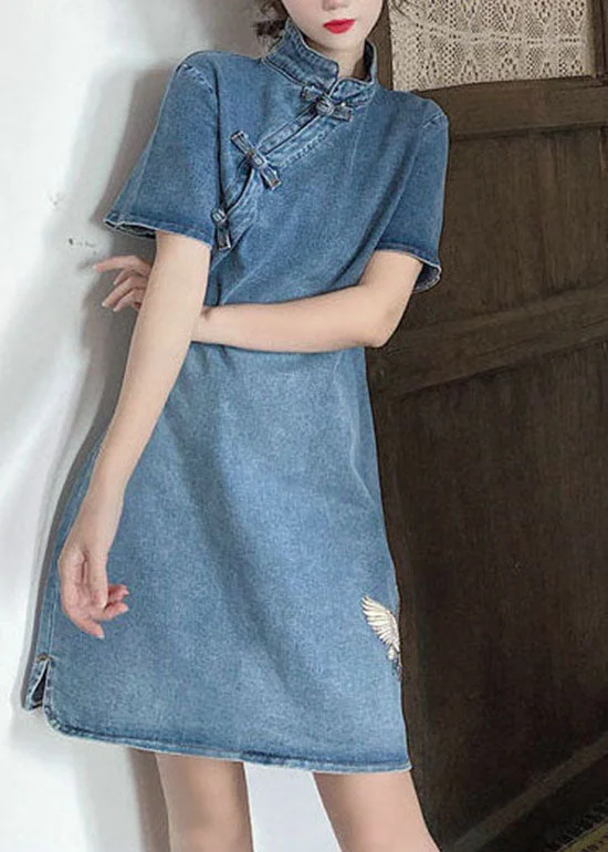 Chic Evening Dresses vintage Blue Stand Collar button Embroideried Denim Dresses Short Sleeve