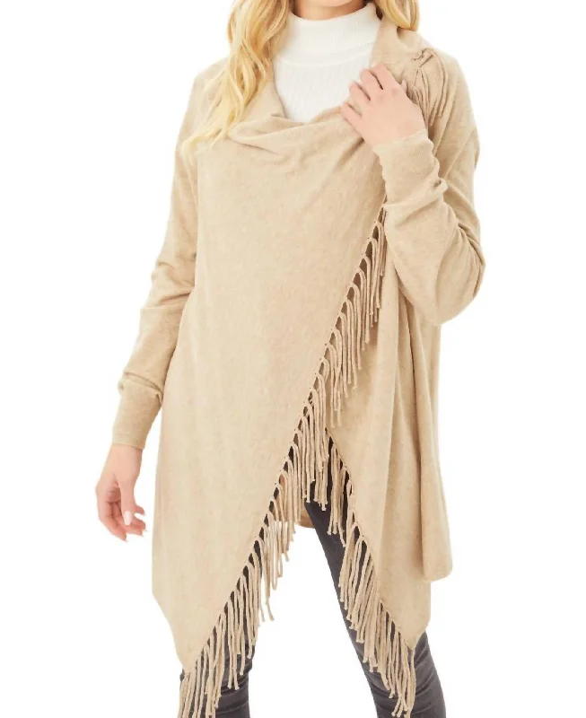 Long Knit Tops For Women Fringed Wrap Top In Oatmeal