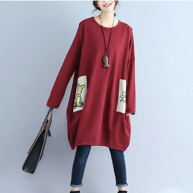 Women's Casual Dresses solid cotton pockets prints burgundy casual dresses oversize o neck mid dress