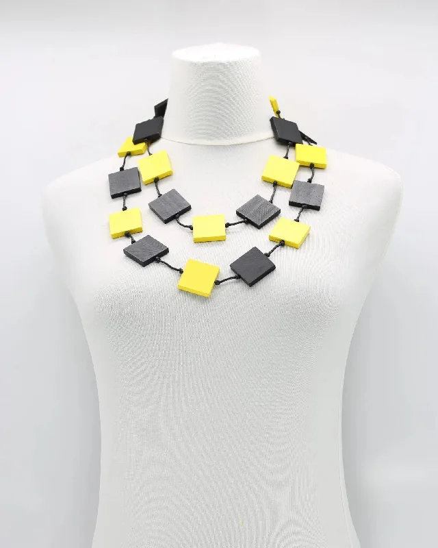 Elevated Party Dresses Recycled Wood Square Beads Necklace, Black/Yellow