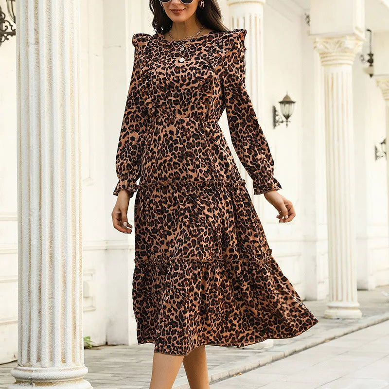 Women's Outdoor Dresses Elegant Fashion Women Leopard 2024 Autumn New Slim Hem Ruffle Full Sleeve Print A-line Midi Dress