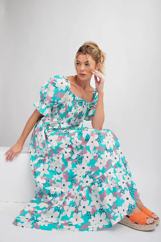 Dressy Evening Dresses Aqua Floral Puff Sleeve Maxi Dress