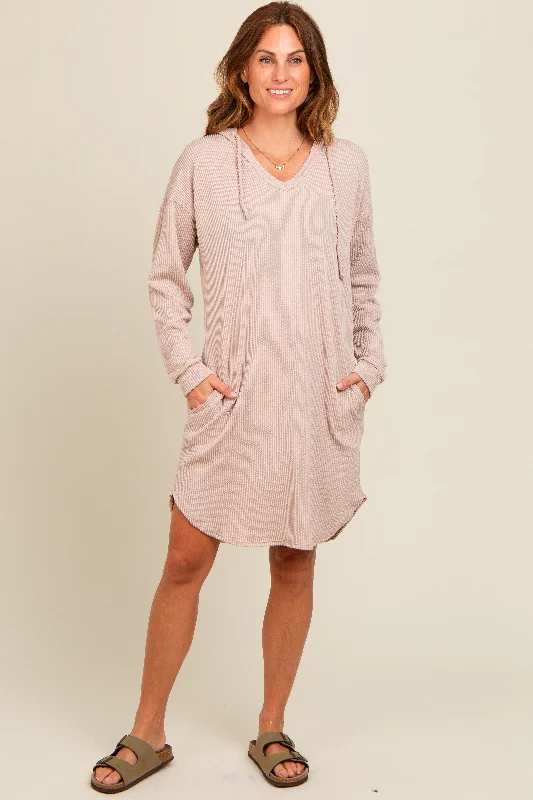 Stylish Summer Dresses Beige Ribbed Hoodie Dress