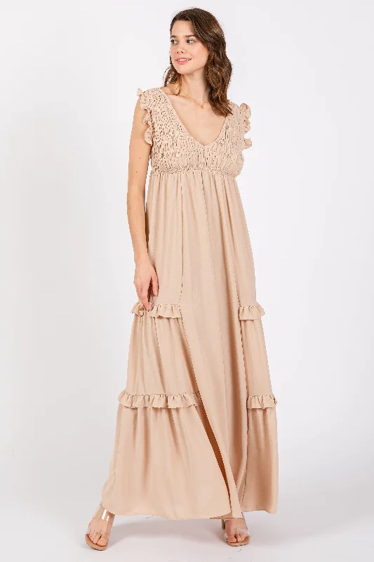 Casual Day Dresses Beige Smocked Ruffle V-Neck Maxi Dress