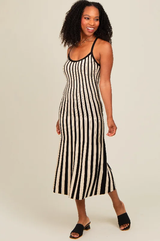 Formal Dresses For Women Black Striped Knit Fitted Midi Dress