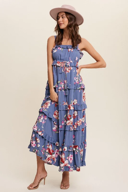 Cute Summer Dresses Blue Floral Sleeveless Tiered Maxi Dress