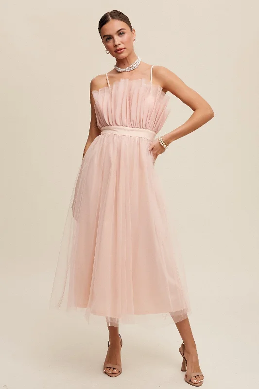 Elegant Evening Gowns Blush Paper Bag Frill Tulle Maxi Dress