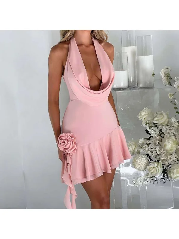 Vintage-Inspired Dresses Flower Decor Halter Wing Neck Backless Mini Dress