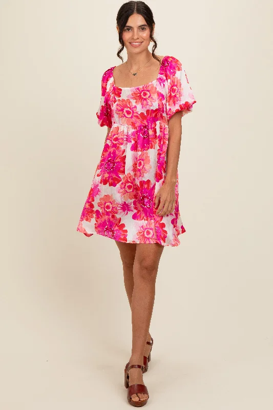 Formal Dresses For Women Fuchsia Floral Puff Sleeve Dress