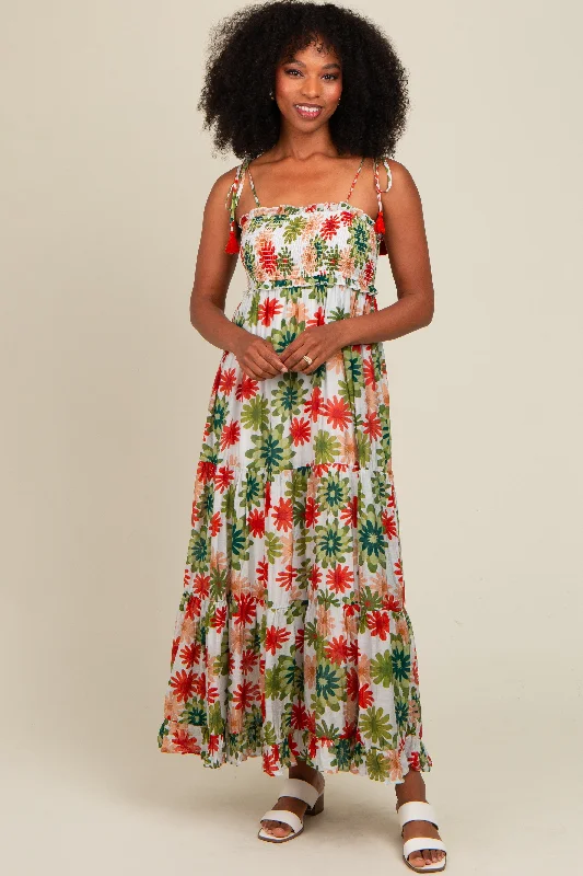 Elevated Party Dresses Green Floral Smocked Shoulder Tie Maxi Dress