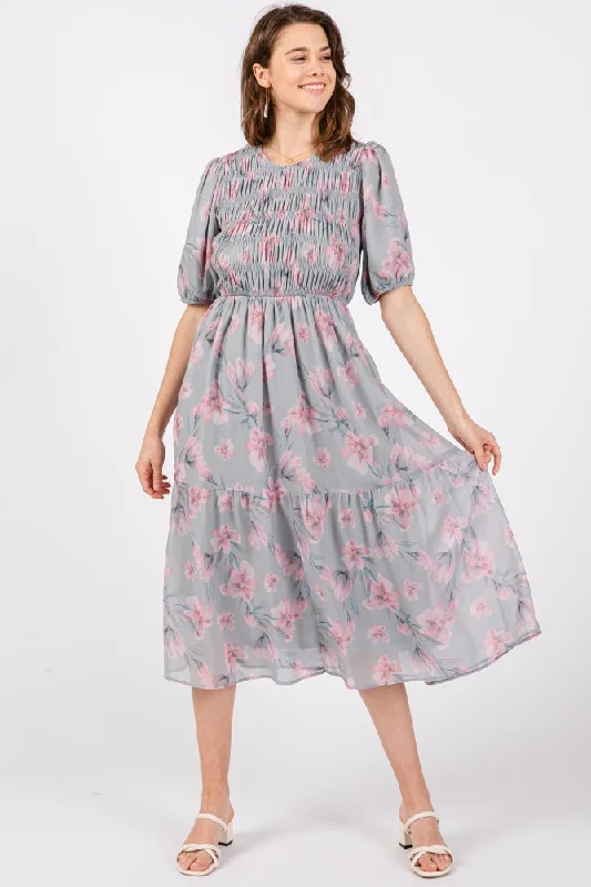 Soft Cotton Dresses Grey Floral Smocked Ruffle Hem Midi Dress