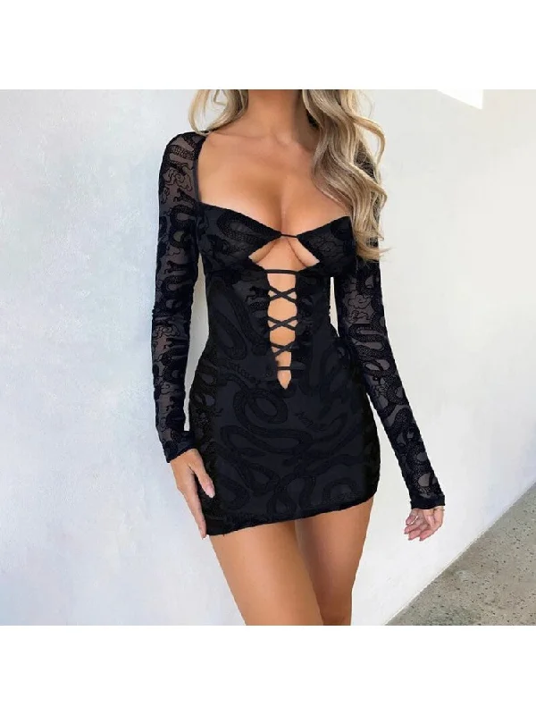 Chic Evening Dresses Hollow-out Lace Up Bodycon Mini Dress