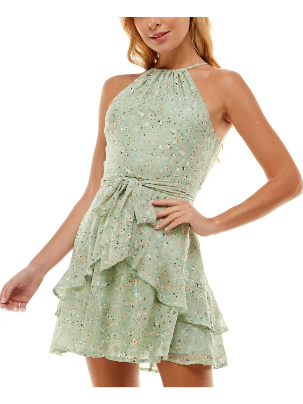 Vintage-Inspired Dresses Juniors Womens Floral Print Mini Halter Dress