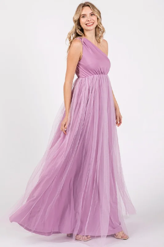 Casual Day Dresses Lavender One Shoulder Tulle Maxi Dress