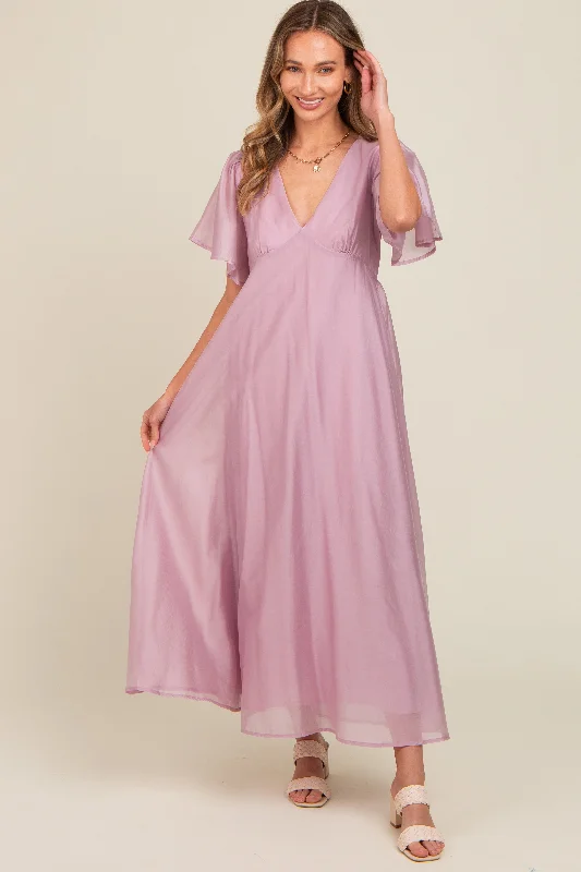 Chic Evening Dresses Lavender V-Neck Flutter Sleeve Maxi Dress