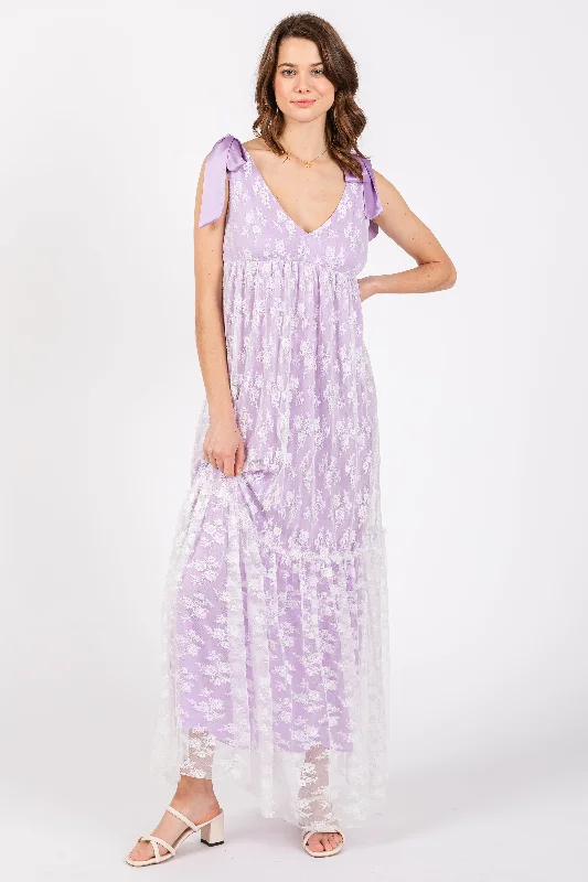 Dressy Evening Dresses Lavender V-Neck Satin Tie Lace Overlay Maxi Dress