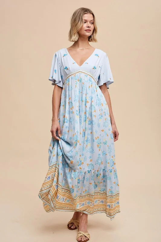 Chic Evening Dresses Light Blue Floral Flounce Sleeve Maxi Dress