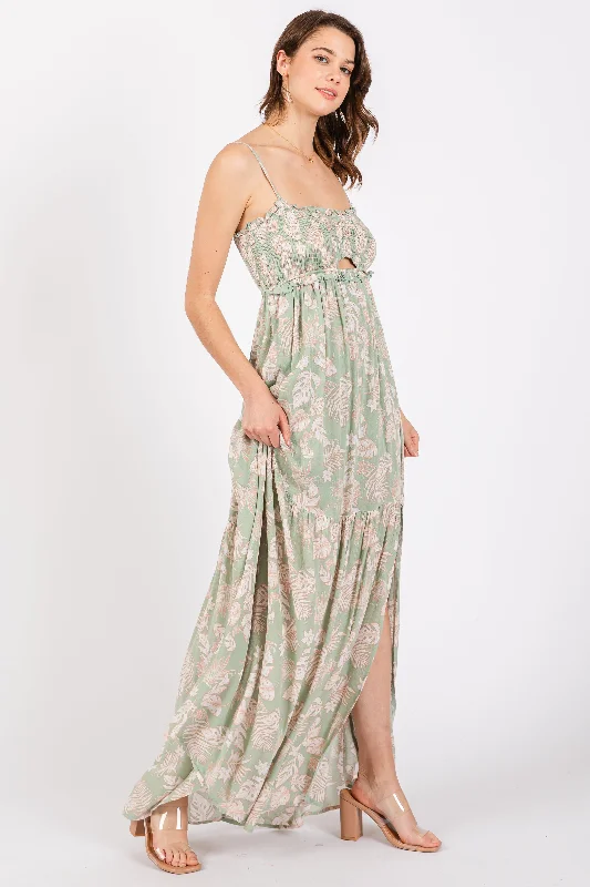 Women's Casual Dresses Light Olive Floral Sweetheart Smocked Front Cutout Maxi Dress