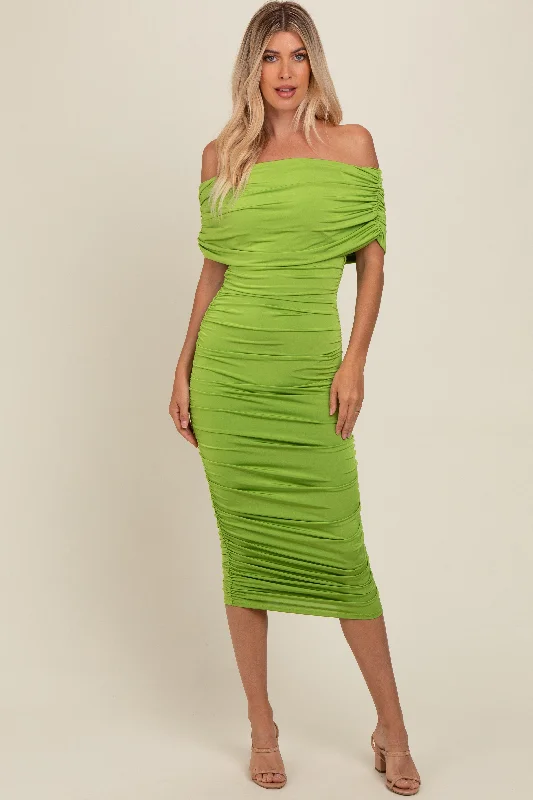 Elegant Evening Gowns Lime Off Shoulder Ruched Midi Dress