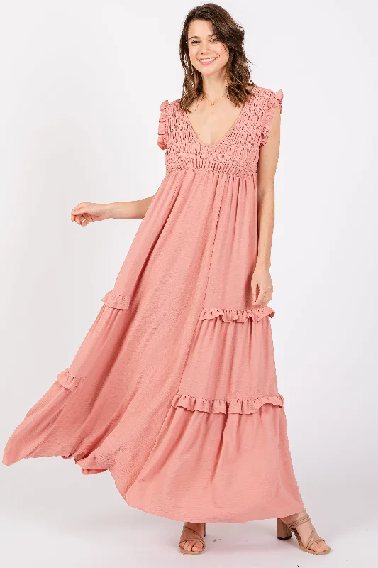 Dressy Evening Dresses Mauve Smocked Ruffle V-Neck Maxi Dress