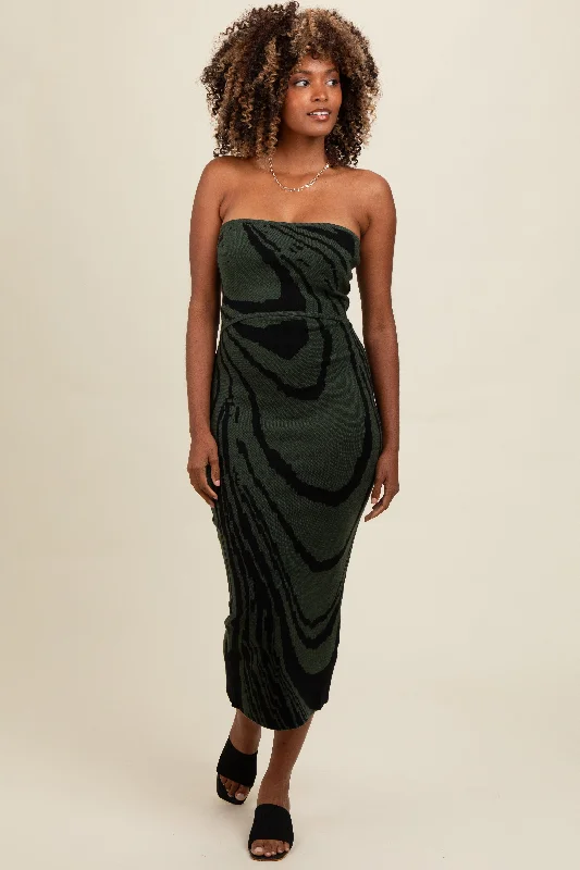 Elevated Party Dresses Olive Printed Strapless Cutout Fitted Maxi Dress