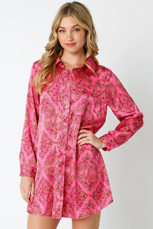 Comfortable Casual Dresses Pink Floral Shirt Dress