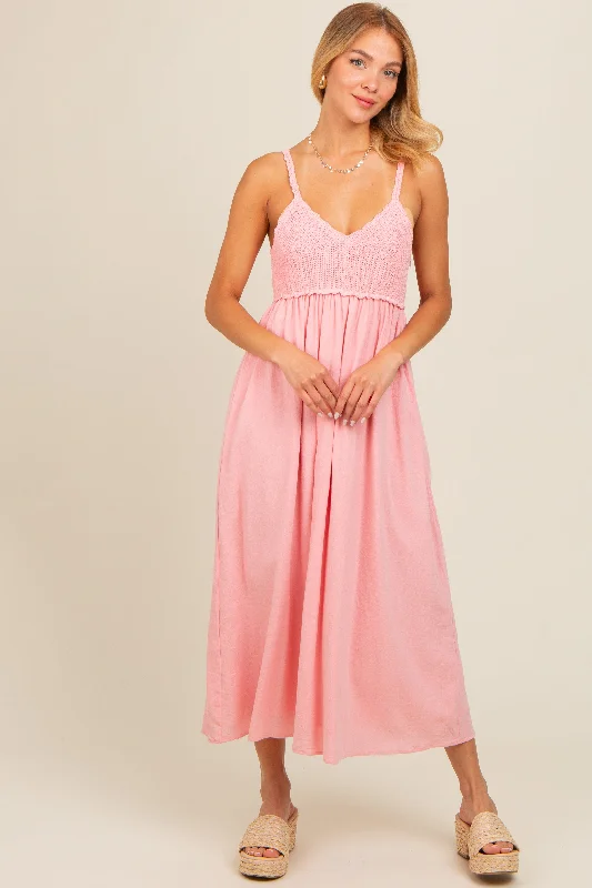 Women's Outdoor Dresses Pink V-Neck Crochet Top Midi Dress