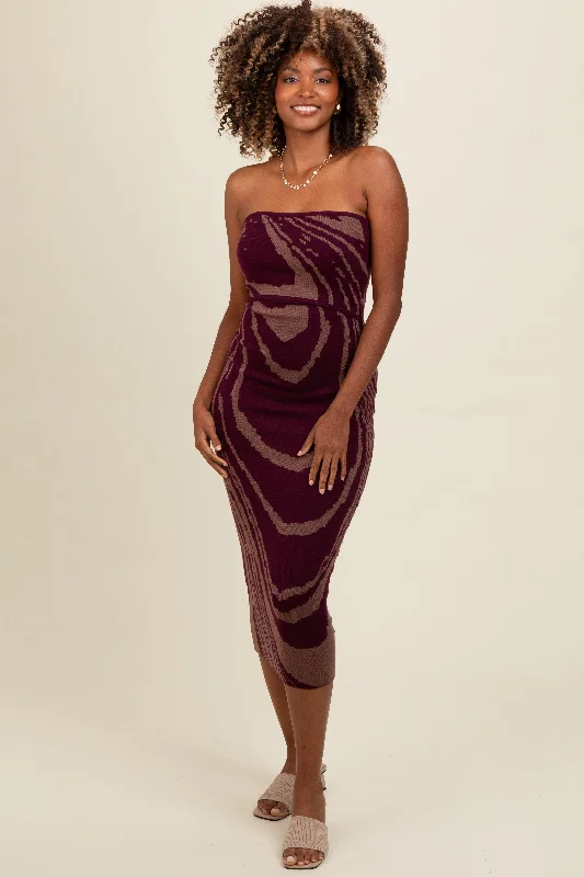 Women's Outdoor Dresses Purple Printed Strapless Cutout Fitted Maxi Dress