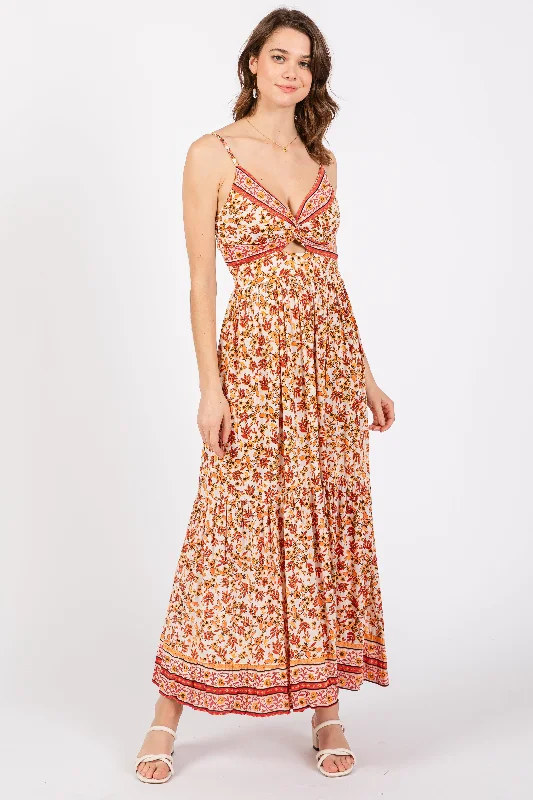 Dressy Evening Dresses Red Floral Strapless Maxi Dress