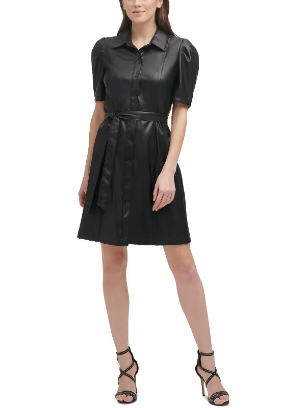 Elegant Evening Gowns Womens Faux Leather Knee Shirtdress