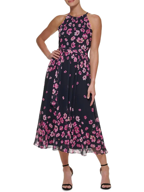 Chic Evening Dresses Womens Floral Print Tea Length Midi Dress