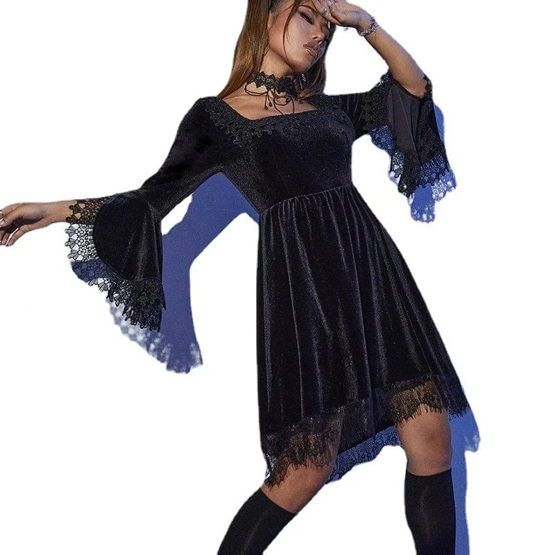 Elegant Evening Gowns Women's Gothic Flared Sleeved Lace Hem Velvet Dress