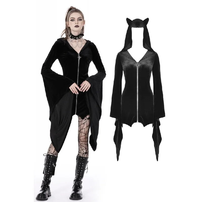 Stylish Summer Dresses Women's Gothic Flared Sleeved Velvet Dress with Cat Ear Hood