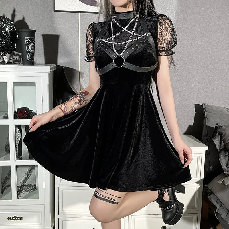 Elevated Party Dresses Women's Gothic Lace Sleeved Velet Dress with Pentagram Harness