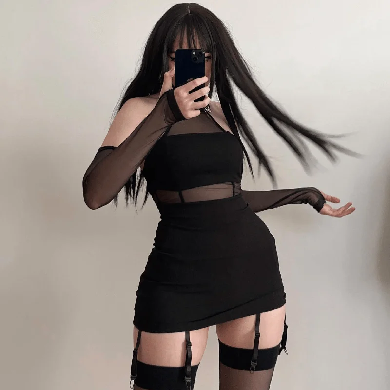 Casual Day Dresses Women's Punk Mesh Splice Halterneck Dress with Oversleeves